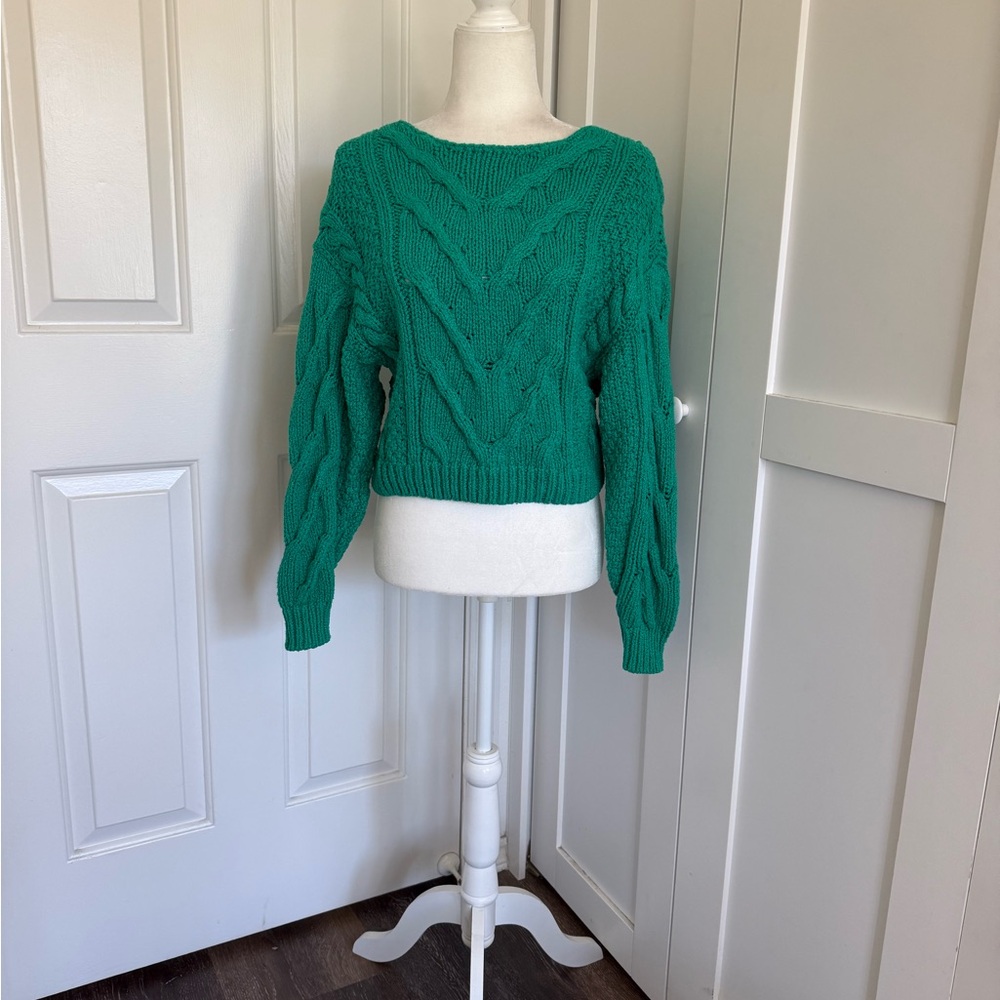 Free People Sticks and Stones Green Chunky Cable Knit Crop Sweater Size XS